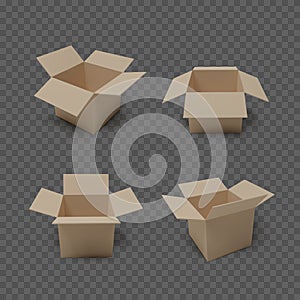 Set of boxes isolated on transparent background. Realistic collection of open package. Vector