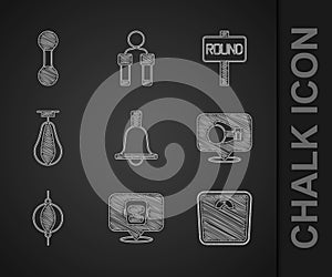 Set Boxing bell, helmet, Bathroom scales, glove, Punching bag, ring board and Dumbbell icon. Vector