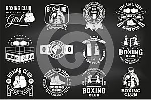 Set of Boxing club badge, logo design on chalkboard. Vector illustration. For Boxing sport club emblem, sign, patch