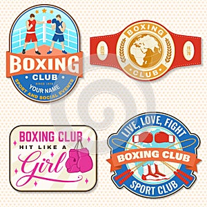 Set of Boxing club badge, logo, patch design. Vector. For Boxing sport club emblem, sign, shirt, template. Vintage retro