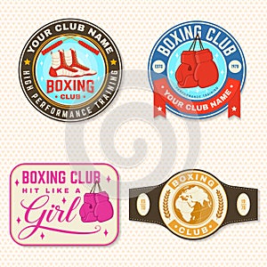 Set of Boxing club badge, logo, patch design. Vector. For Boxing sport club emblem, sign, shirt, template. Vintage retro