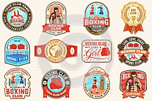 Set of Boxing club badge, logo, patch design. Vector. For Boxing sport club emblem, sign, shirt, template. Vintage retro
