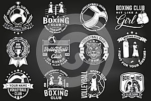 Set of Boxing club and Volleyball club badge, logo design on chalkboard. Vector. Vintage monochrome label, sticker with