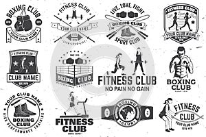 Set of Boxing and fitness club badge, logo design. Vector illustration. For sport club emblem, sign, patch, shirt