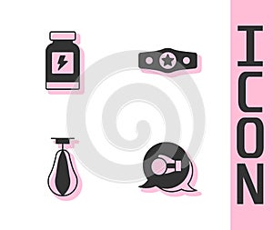 Set Boxing glove, Energy drink, Punching bag and belt icon. Vector