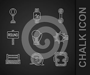 Set Boxing glove, helmet, Punch boxing, ring, board, Dumbbell and Punching bag icon. Vector