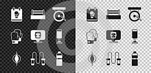 Set Boxing glove, ring, gong, Punching bag, Jump rope, Fitness shaker, and helmet icon. Vector