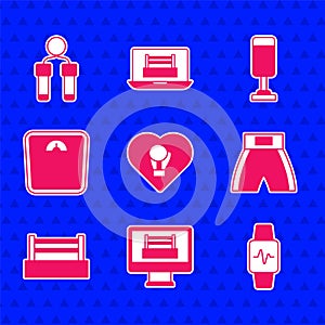 Set Boxing glove, ring, Smart watch with heart, short, Bathroom scales, Punching bag and Jump rope icon. Vector