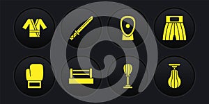 Set Boxing glove, short, ring, Punching bag, training paws, Japanese katana, and costume Kimono icon. Vector