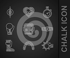 Set Boxing helmet, Mouth guard boxer, Punch boxing glove, belt, Sport shoes, Stopwatch and Punching bag icon. Vector
