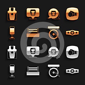 Set Boxing ring, glove, belt, gong, Punching bag, helmet, jersey and t-shirt and icon. Vector