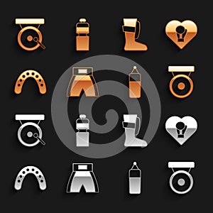 Set Boxing short, glove, gong, Punching bag, Mouth guard boxer, Sport boxing shoes, and Fitness shaker icon. Vector