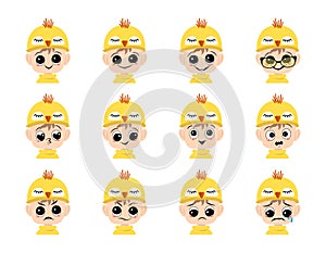 Set of boy avatar with big eyes and wide smile and different emotions in cute yellow chicken hat