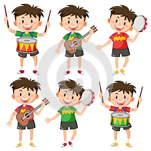 Set of boy cap playing music instrument