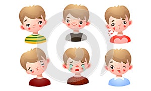 Set of the boy with different facial expressions. Vector illustration in flat cartoon style.