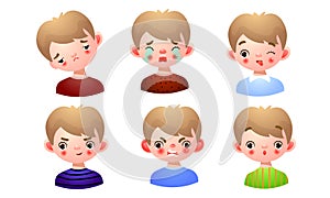 Set of the boy with different facial expressions. Vector illustration in flat cartoon style.
