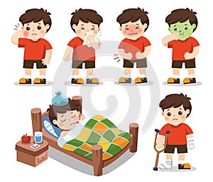 Set of A boy get sick. He has high temperature.