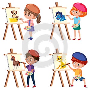 A set of boy and girl drawing on canvas
