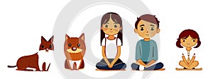 A set of a boy, a girl, a younger sister, pets brother sister cat, dog. Friendly family