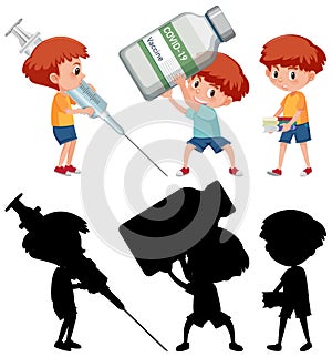 Set of a boy holding different objects vaccine concept