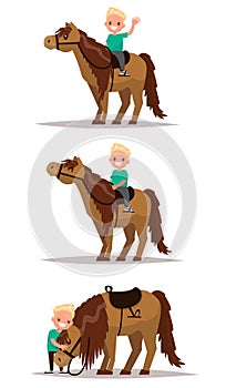 Set boy with a horse. Boy riding on horseback. Boy hugging a hor