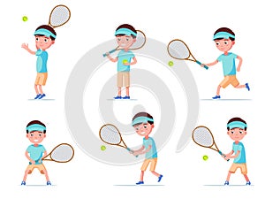 Set boy tennis player playing with racket and ball
