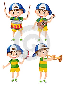 Set of boy wearing cap playing music instrument