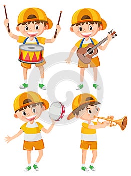 Set of boy wearing cap playing music instrument
