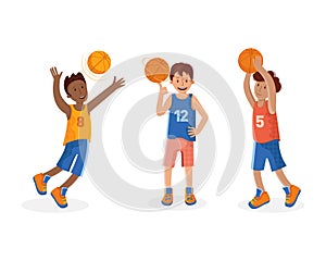 Set of boys basketball player with ball. A small child playing basketball. Colorful cartoon illustration in flat . Children