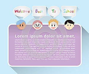 Set of boys face cartoon character say welcome back to school in gray quote text box and purple poster on blue background