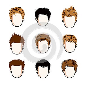 Set of boys faces, human heads. Different vector characters like redhead and brunet.