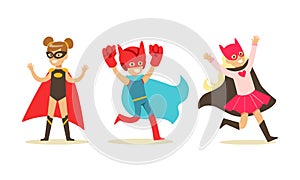 Set of Boys and Girls Dressed Superhero Costumes, Super Kids Characters Wearing Capes and Mask Cartoon Vector