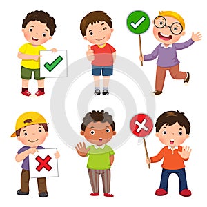 Set of boys holding and doing right and wrong signs photo