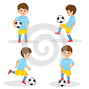 Set of boys soccer players in uniform with a soccer ball