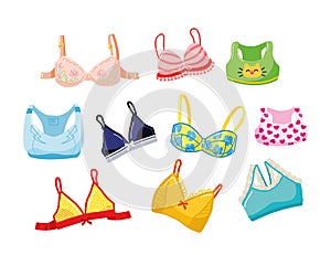 Set of bra. Cartoon female lingerie, sport and plunge brassiere colorful of different types