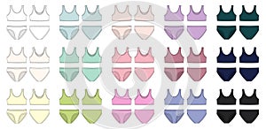 Set of bra and knickers technical sketch. Two-piece swimsuit collection. Women`s underwear design templat