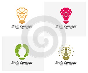 Set of Brain Bulb Logo design vector template. Think idea concept. Brainstorm power thinking brain icon Logo