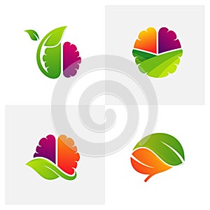 Set of Brain Leaf logo design vector template. Farm logo concept