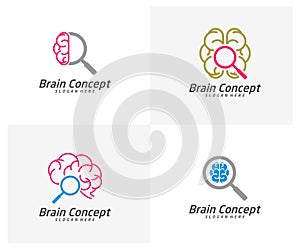 Set of Brain Search Logo design vector template. Think idea concept. Brainstorm power thinking brain icon Logo