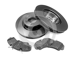 Set of brake discs and pads. Isolate on white