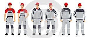 A set of branded overalls. Man and woman in branded work clothes. Gray and red colors