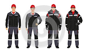 A set of branded overalls. Man and woman in warm branded work clothes. Jackets and down jackets