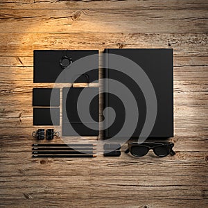 Set of branding elements on the wood background. 3d render