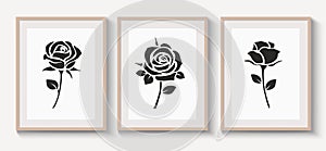 Set of braun wood frames with shadow on gray wall for interior design. Collection of decorative rose with leaf silhouette.