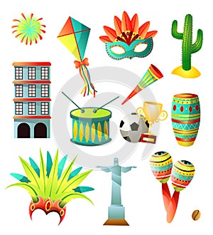 Set of brazil country colorful icons, traditional objects