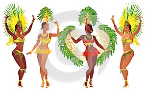 Set Brazilian samba dancer. Vector beautiful carnival girl wearing a festival costume is dancing.