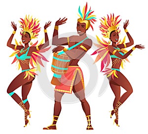 Set of Brazilian samba dancers Rio de Janeiro. Vector carnival girls and guy dancing.