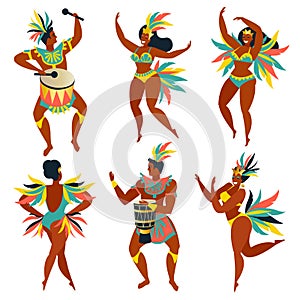 Set of Brazilian samba dancers Rio de Janeiro. Vector carnival girls and guy dancing.