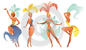 Set of Brazilian samba dancers. Vector carnival in Rio de Janeiro girls a festival costume is dancing.