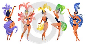 Set of Brazilian samba dancers. Vector carnival in Rio de Janeiro girls wearing a festival costume is dancing. photo